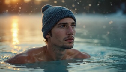Young man trains cold therapy, swimming in freezing water practicing deep breathing for mental, physical strength. Winter lake swim builds endurance, resilience. Extreme cold challenge promotes