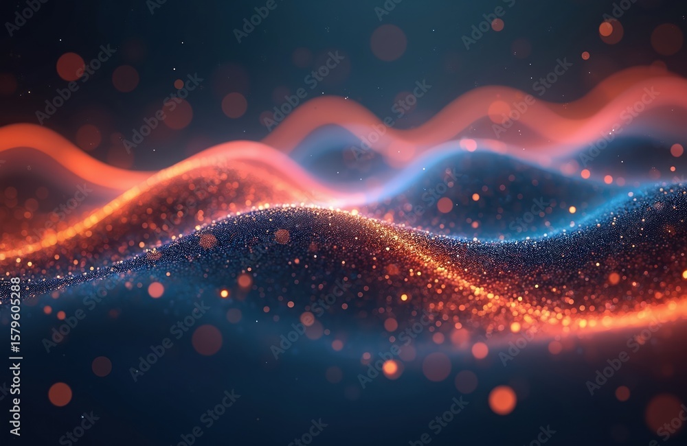 Poster abstract digital data stream with glowing blue, orange waves. flowing particles, dots create futuris