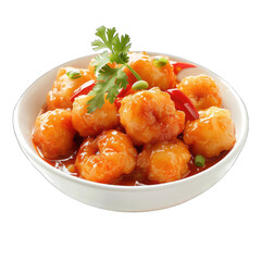 Dish of sauteed shrimp in a savory sauce.  Small, round shrimp are coated in a reddish-orange sauce, garnished with chopped green herbs. Served in a white bowl