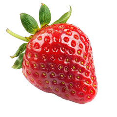 Close-up of a single, vibrant red strawberry.  Fresh, ripe berry with green leaves and stem.  High-resolution image with visible texture and detail