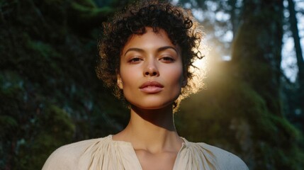 Portrait of a young woman with curly hair. she is standing in a forest with trees and foliage in the background. the woman is looking directly at the camera with a serious expression on her face.