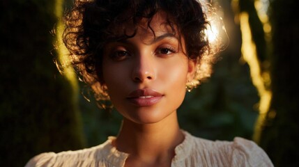 Close-up portrait of a young woman with curly hair. she is looking directly at the camera with a serious expression on her face.