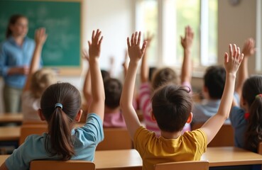 Diverse group of young students raise hands eager to answer teacher in classroom. Boys, girls participate in learning activity. Modern school building environment. Focus on education, teamwork,