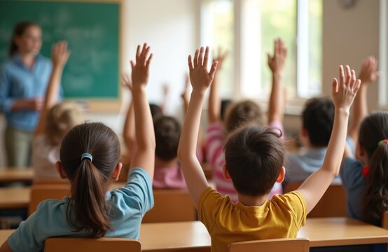 Diverse group of young students raise hands eager to answer teacher in classroom. Boys, girls participate in learning activity. Modern school building environment. Focus on education, teamwork,