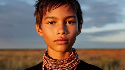 Close-up portrait of a young boy's face. he is looking directly at the camera with a serious expression. the boy has short, dark hair and is wearing a black shirt.