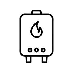Outline of a water heater depicting flame, circle controls, and support legs, simple illustration. Water heater provides hot water, often using natural gas or electricity to generate heat.