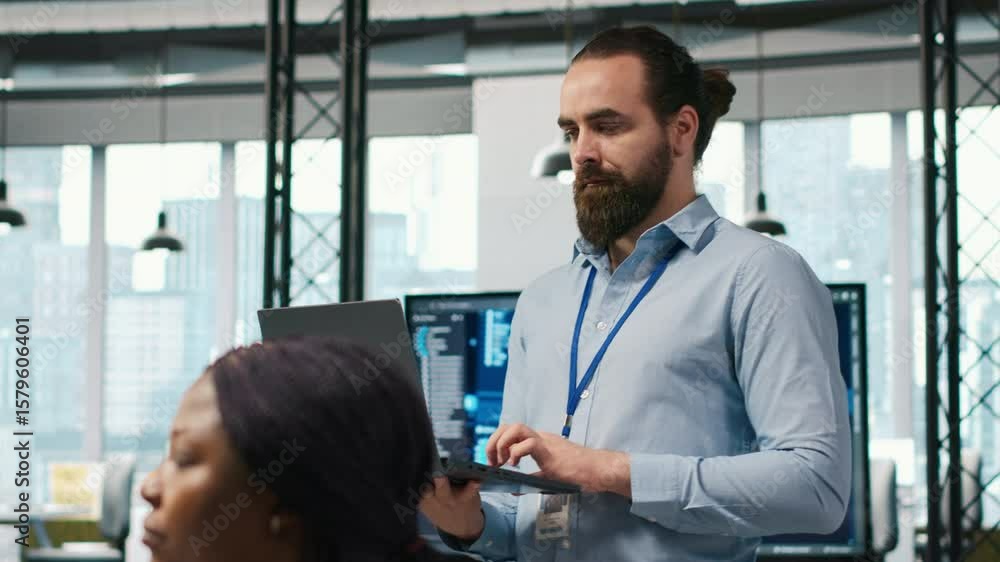 Fototapete system administrator in office developing software applications, integrating ai driven automation in