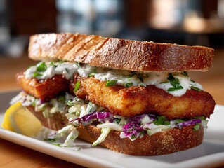 Delicious Fried Fish Sandwich with Fresh Slaw and Lemon on Rustic Bread