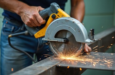 Worker cuts steel pipe with circular saw, generating sparks. Electric tool used in workshop for metal fabrication, engineering, construction. Focus on safety gear and industrial production.