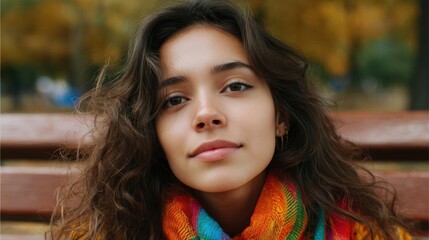 Portrait of a young woman sitting on a wooden bench. she has long, wavy brown hair and is wearing a colorful scarf around her neck.