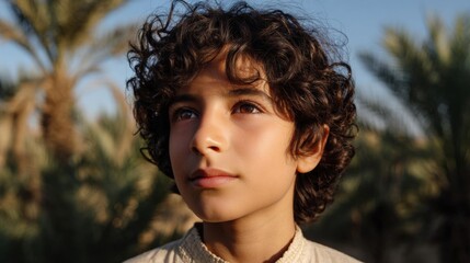 Close-up portrait of a young boy with curly hair. he is looking off to the side with a thoughtful expression on his face.