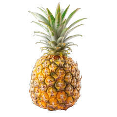 Fresh pineapple, whole, vibrant yellow-gold skin,  green leaves