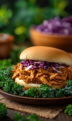 Delicious Pulled Pork Sandwich with Fresh Slaw and Greens on a Rustic Table