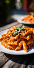 Delicious Penne Pasta in Creamy Tomato Sauce Garnished with Fresh Basil