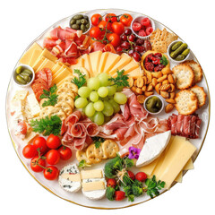 Round platter loaded with assorted cheeses, cured meats, fruits, vegetables, and crackers