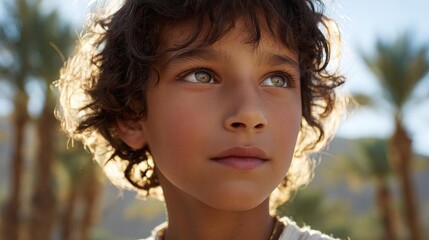Close-up portrait of a young boy with curly hair. he is looking off to the side with a thoughtful expression on his face.