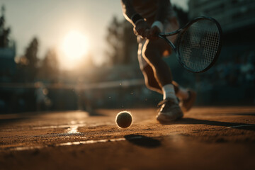 Experience the dynamic and thrilling action of tennis during a beautiful sunset on a clay court