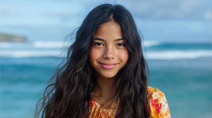 Portrait of a young girl with long dark hair. she is standing on a beach with the ocean in the background. the girl is wearing a yellow floral top and has a big smile on her face.