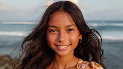 Portrait of a young girl with long dark hair. she is smiling and looking directly at the camera. the background is a beautiful view of the ocean with the waves crashing onto the shore.