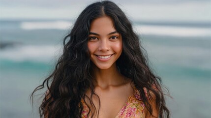 Portrait of a young woman with long dark hair. she is standing on a beach with the ocean in the background. the woman is smiling and looking directly at the camera.
