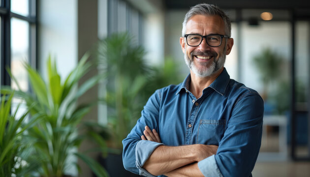 Mature businessman with glasses smiles confidently, arms crossed in office workspace. Well-dressed male leader, entrepreneur, executive persona. Represents success, career, modern business,
