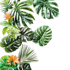 Tropical foliage arrangement. Lush green leaves, various shapes and sizes, create a vibrant, dense display.  Orange-toned flowers accent the composition