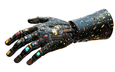 Metallic robotic gauntlet featuring colorful embedded gems representing advanced technology and fictional power isolated on transparent background PNG