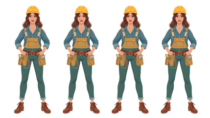 Beautiful female construction worker wearing various professional uniforms and safety equipment such as helmets, vests, and tool belts, standing confidently in different outfits. 