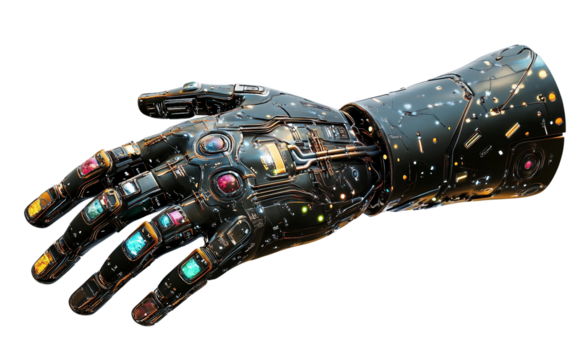 Metallic robotic gauntlet featuring colorful embedded gems representing advanced technology and fictional power isolated on transparent background PNG - Powered by Adobe