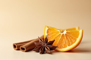 slice of fresh orange with cinnamon sticks and star anise against warm, beige background. autumn and winter flavor concept. spice and citrus arrangement for culinary, recipe book, kitchen decor.