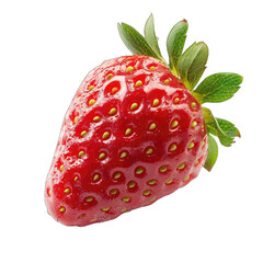 Close-up of a single, vibrant red strawberry.  Fresh, glossy skin with visible seeds.  Green leafy stem.  Isolated against a black background