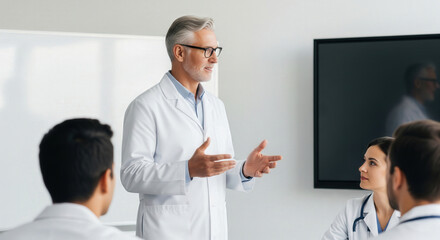 Fototapeta premium Senior doctor explaining to group of medical professionals during a meeting, emphasizing teamwork and healthcare training in a hospital setting.