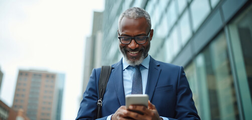 Mature African American businessman smiles using smartphone in modern city. Wears blue suit, glasses, suggesting corporate travel commute. Background shows blurred office buildings, emphasizing focus
