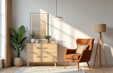 Cozy living room interior features orange armchair with cushion, wooden dresser, tall green houseplant, floor lamp. Sunlight streams through window, casting shadows on wall, creating warm, inviting