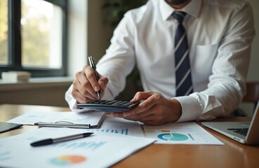 Fototapeta premium Businessman analyzes financial documents and uses calculator for business growth. Pro accountant calculates economic data with graphs and charts on desk with laptop. Tax and investment planning.