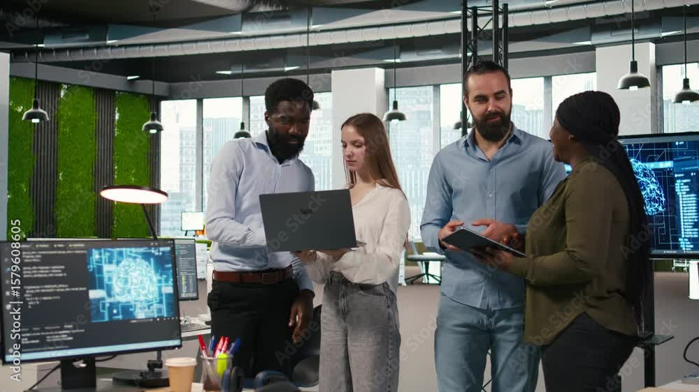 Fototapete Portrait of teamworking programmers in office developing apps using AI automation. Team of smiling IT experts working on devices, debugging applications with artificial intelligence, camera A