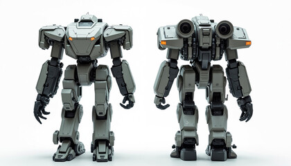 Fototapeta premium Realistic armored mech robot, front, rear views. Futuristic military design, heavy grey machine with imposing figure, detailed components. Science fiction combat machine suitable for gaming concept