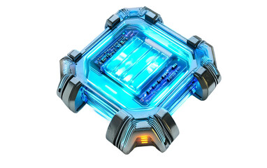 Cybernetic implant microchip with glowing neon blue lines representing futuristic biotechnology and digital enhancement isolated on transparent background PNG