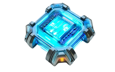 Cybernetic implant microchip with glowing neon blue lines representing futuristic biotechnology and digital enhancement isolated on transparent background PNG