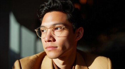Close-up portrait of a young asian man wearing round glasses. he is looking directly at the camera with a serious expression on his face.