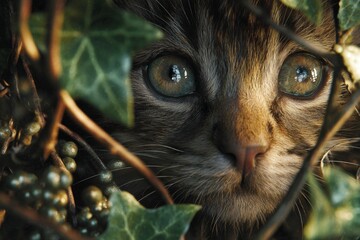 Artistic double exposure shows kitten's vulnerability. Cat rescue. Cats in crisis: urgent neutering appeal following ivy entanglement. Compassion act. Garden scene.