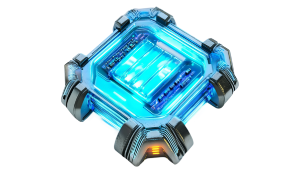 Cybernetic implant microchip with glowing neon blue lines representing futuristic biotechnology and digital enhancement isolated on transparent background PNG