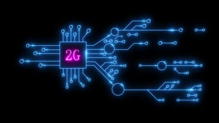 Futuristic Neon Microchip Display Indicating 2G Connectivity with Circuit Pathways and Data Flow in a High-Tech Digital Network