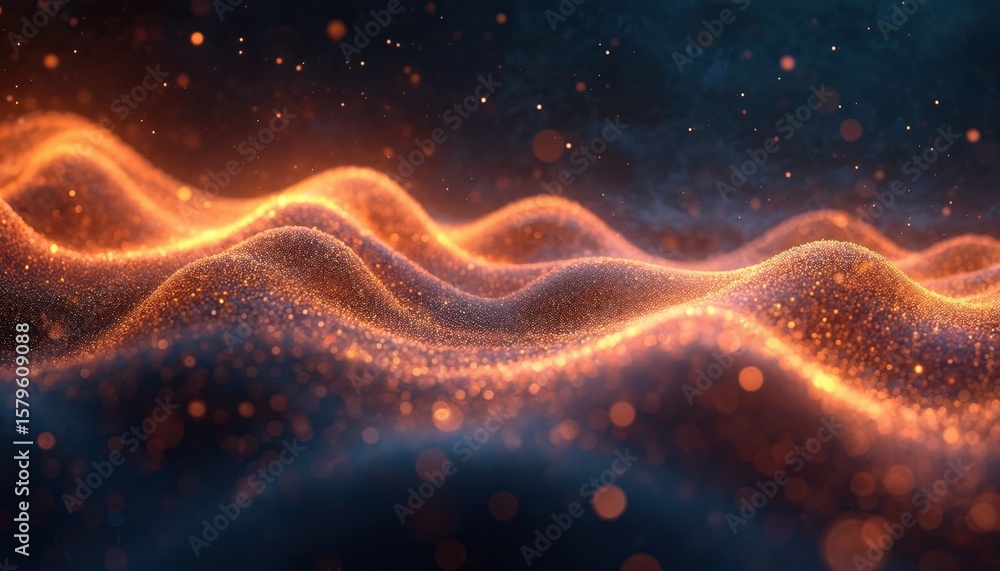 Poster abstract glowing orange, yellow particle waves cascade across dark background. digital art features 