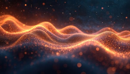 Abstract glowing orange, yellow particle waves cascade across dark background. Digital art features textured, flowing pattern of light, energy, creating sense of motion, depth. Sparkles, bokeh