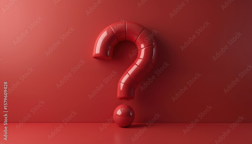 Poster 3d render of glossy red question mark symbol, isolated on simple red background. mark features segme
