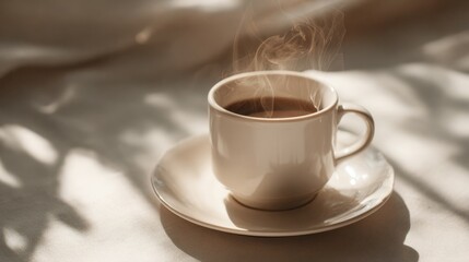 Steaming coffee in elegant white porcelain cup