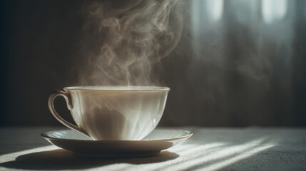 Fototapeta premium Steaming coffee in elegant white porcelain cup