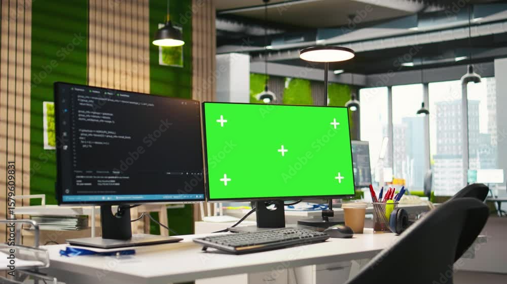Fototapete Mockup PC in empty IT startup office displaying programming languages used for building applications. Green screen computer showing code in software development agency with no people in