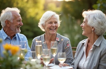 Three elderly friends share laughter, drinks at outdoor dinner table during summer. White-haired seniors enjoy meal in park setting, radiating happiness, companionship. Mature couple, friend share